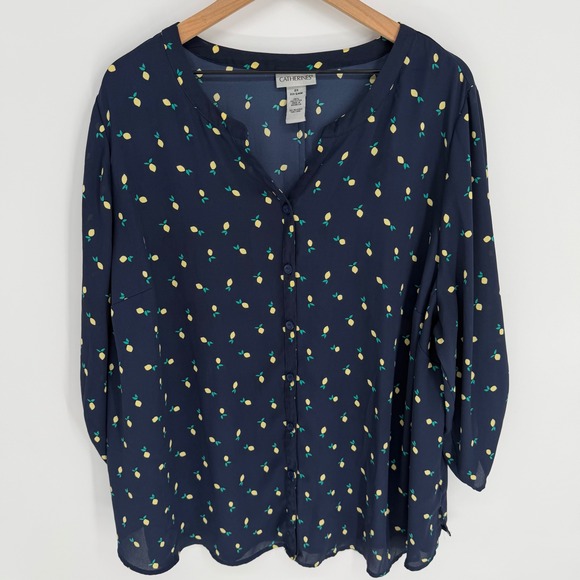 Lemon Navy Ditsy Blouse 2X 22/24 Cottagecore Grandmillennial Feminine Roll Tab - Picture 2 of 9